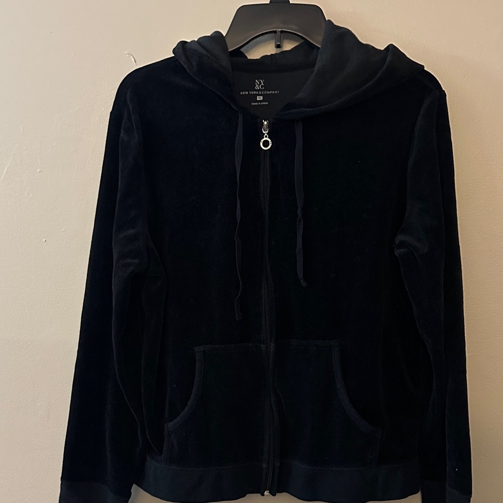 New York & Company Black Velour Hooded Zip Jacket
